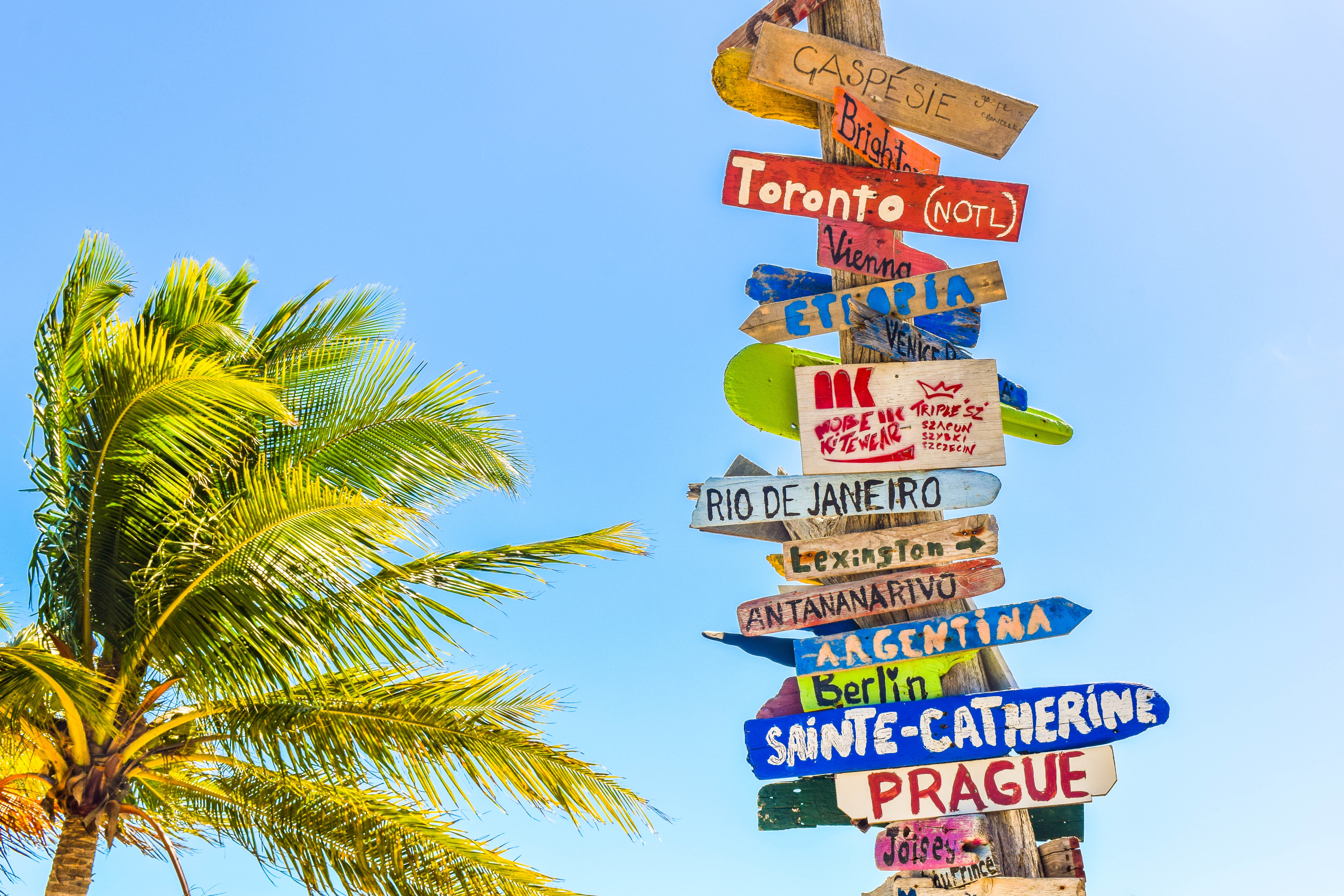 Photo of a pole with many wooden signs pointing to vacation spots like Rio De Janeiro, Prague, and Toronto.